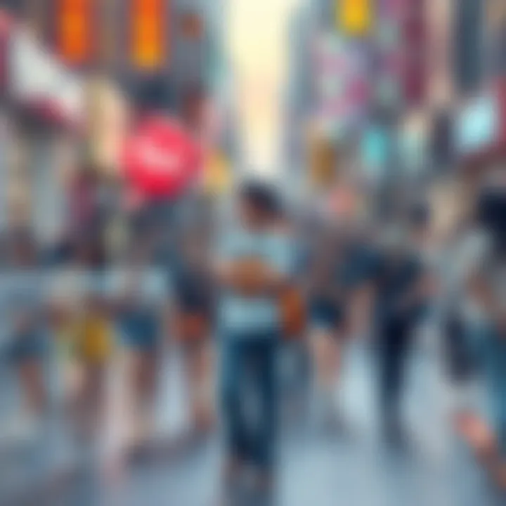 A group of people wearing anime-themed clothing and accessories in a vibrant city setting