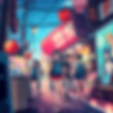 A vibrant scene of people wearing anime-themed outfits at a street festival, surrounded by art inspired by anime.