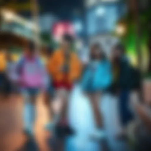 A group of friends wearing colorful anime-inspired outfits at a park, showcasing their love for anime culture through fashion and social interaction.