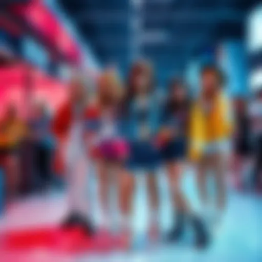 A group of friends dressed in colorful anime-inspired outfits showcasing fashion trends from popular series at a local event.