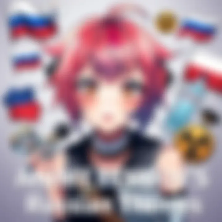 A charming anime femboy with colorful hair and stylish clothing shows a surprised expression while surrounded by symbols of Russia, Poland, vodka, and Chernobyl themes.