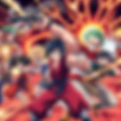 Various anime characters engaged in fast-paced fight scenes, showcasing intense battle movements and quick strikes.