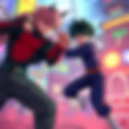 A scene featuring characters from My Hero Academia engaging in a dynamic fight in a colorful game environment