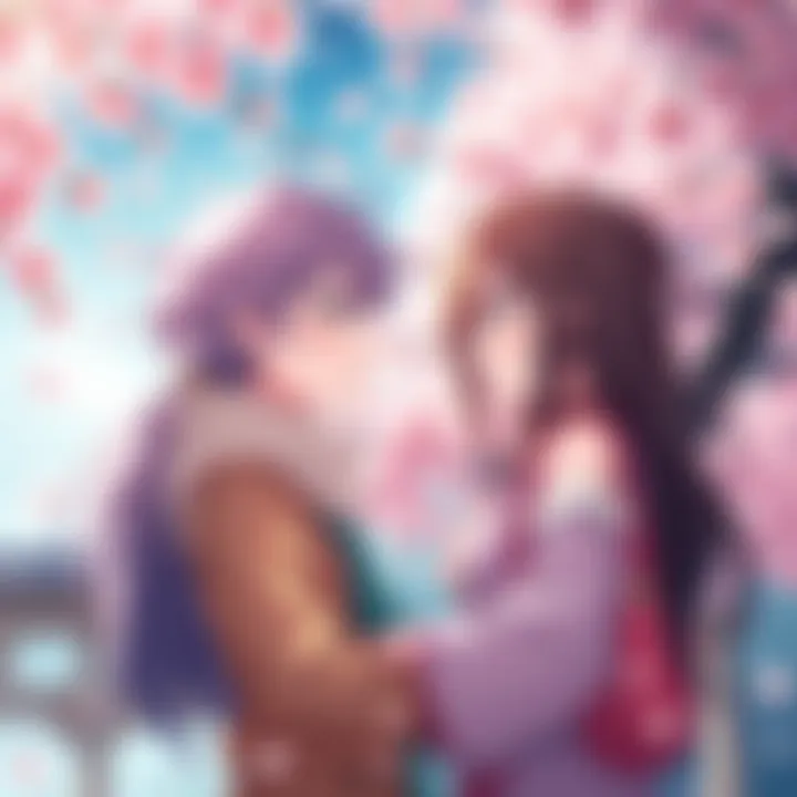 Two anime characters share a sweet moment under cherry blossoms, symbolizing their first love and emotional connection.