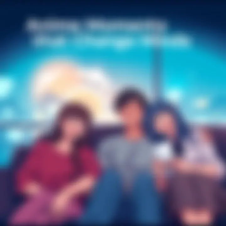 Anime Moments that Change Minds A group of friends watching anime together, smiling and sharing heartfelt reactions to emotional scenes.