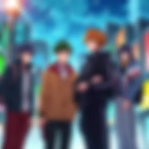 A group of male anime characters standing together, representing themes of camaraderie and adventure, with a vibrant city background.
