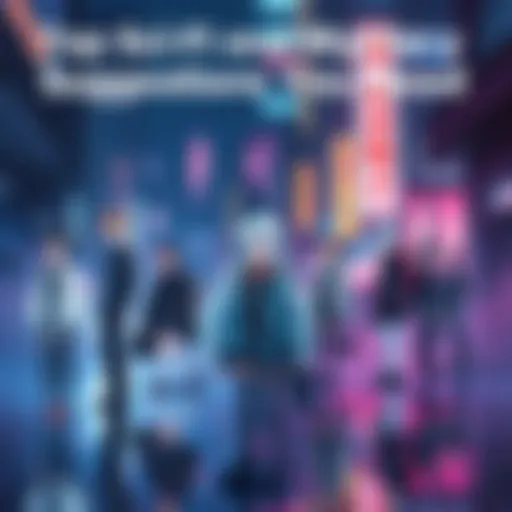 Several anime characters stand in a dark, cyberpunk city with neon lights and high-tech gadgets