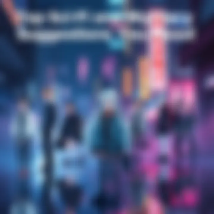 Several anime characters stand in a dark, cyberpunk city with neon lights and high-tech gadgets