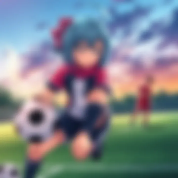 Blue-haired girl with a football, wearing a sporty outfit, looking determined on a field