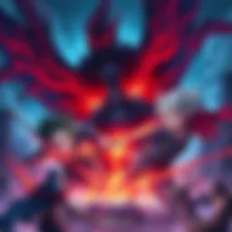 An illustration showing characters from the Hell Arc in a dynamic battle scene, with vibrant colors and intense expressions, set in a hellish landscape.