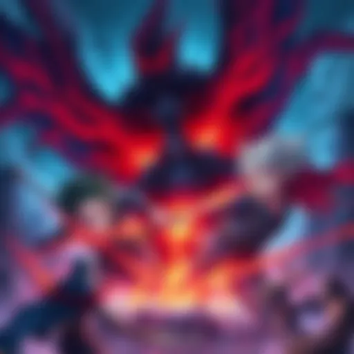 An illustration showing characters from the Hell Arc in a dynamic battle scene, with vibrant colors and intense expressions, set in a hellish landscape.