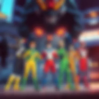 A group of anime characters dressed in bright, color-coded suits stand ready to fight against a giant monster. They are posed heroically in front of a dramatic urban backdrop.