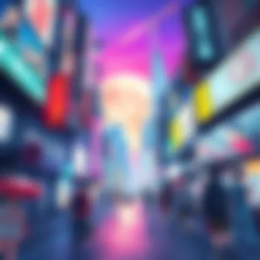 A vibrant scene showcasing anime-inspired fashion and art in a bustling city, highlighting how anime influences real-life culture.