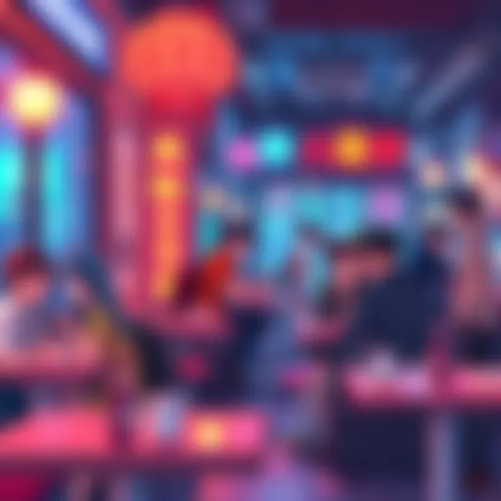A vibrant scene showing people enjoying anime-themed activities such as watching shows, cosplaying, and discussing characters in a lively café setting.