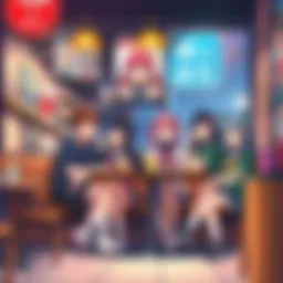 A group of friends dressed in anime-inspired outfits, enjoying a casual gathering at a café, with anime posters in the background.
