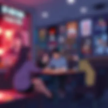 A group of friends discussing anime at a café, with anime posters on the walls.