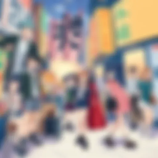 A collage of anime characters, fashion inspired by anime, and people discussing anime in a lively setting.