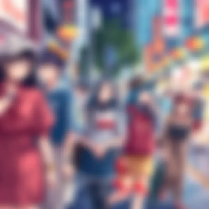 A vibrant street scene showcasing people dressed in anime-inspired outfits, blending traditional and modern styles, with colorful accessories and playful expressions.