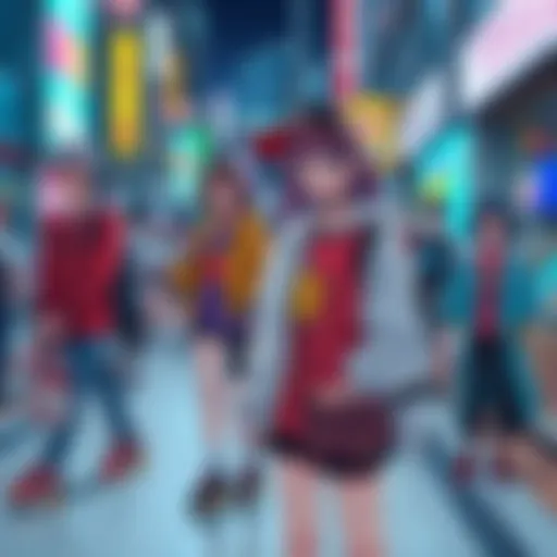 A collection of anime-inspired clothing and accessories showcased in a lively urban setting.