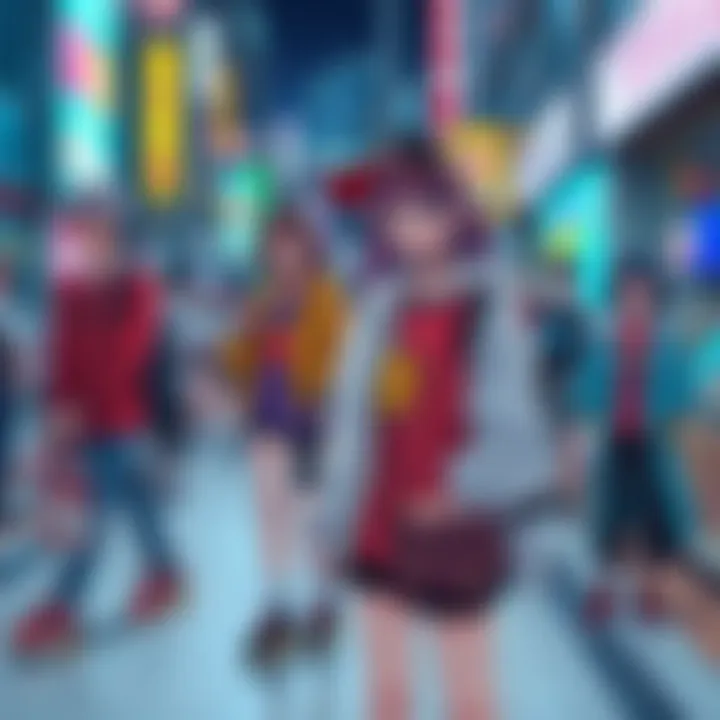 Anime Influence on Fashion A collection of anime-inspired clothing and accessories showcased in a lively urban setting.