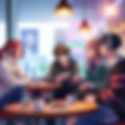 A group of friends discussing anime while wearing themed clothing and accessories in a coffee shop