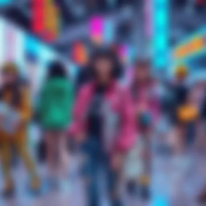 A colorful scene featuring people dressed in anime-inspired outfits, showcasing trends in fashion and culture.