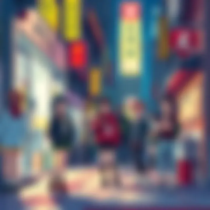 A vibrant street scene with people wearing anime-inspired fashion and interacting, showcasing the impact of anime on daily life and culture.