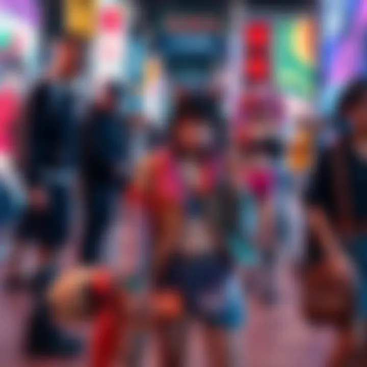 A group of people dressed in anime-inspired outfits at a cultural event, showcasing colorful designs and accessories.