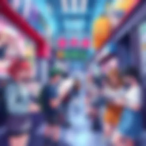 A vibrant scene showing people dressed in anime-inspired fashion, engaging in creative activities like drawing and cosplay, all set against a colorful backdrop of anime posters and decorations.