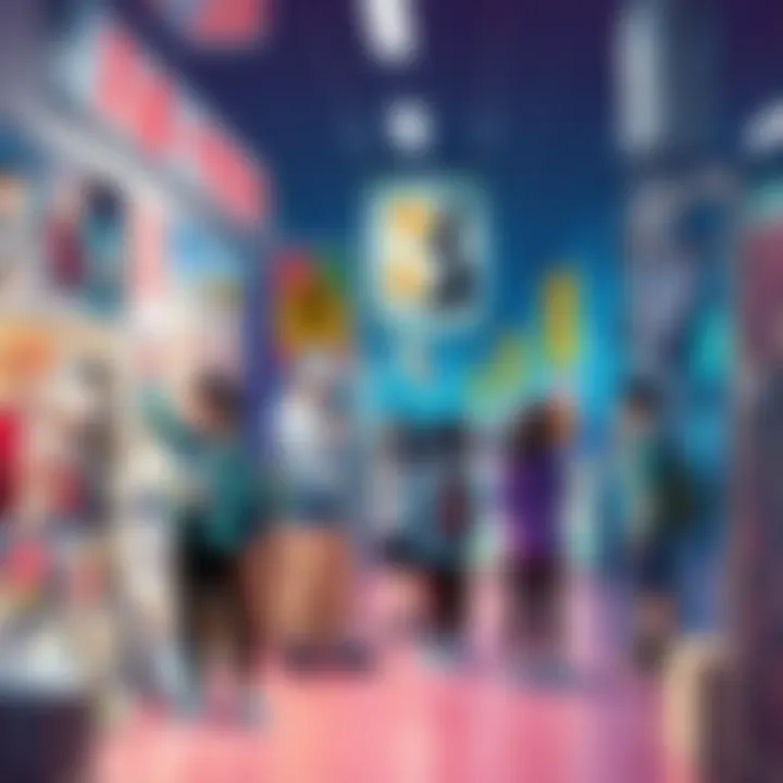 Anime Influences in Everyday Life A colorful scene showing people wearing anime-inspired fashion and engaging in artistic activities, surrounded by anime posters and community interactions.