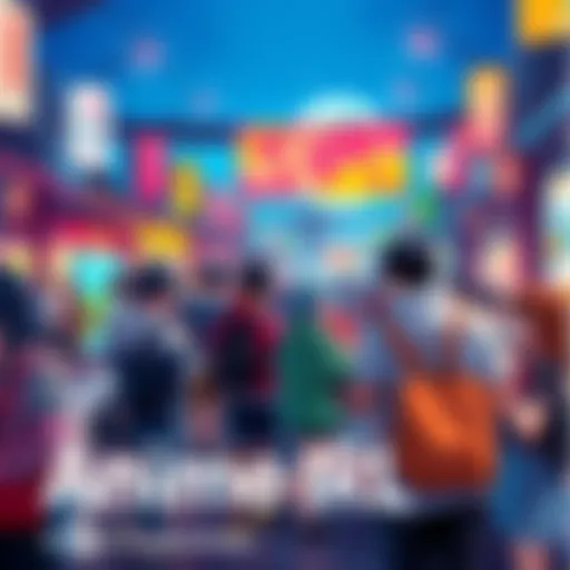 A vibrant scene of people in anime-inspired outfits at a community event, enjoying cosplay and socializing.