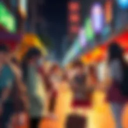 People dressed in anime-inspired fashion interacting at a vibrant street festival, showcasing the cultural impact of anime in daily life.