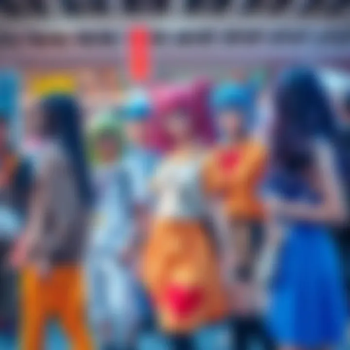 A group of young people wearing anime-themed outfits, showcasing vibrant colors and styles influenced by their favorite characters, gathering at a local convention.