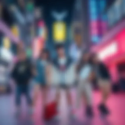 A group of friends wearing anime-themed outfits in a vibrant city setting, showcasing how anime influences modern style.