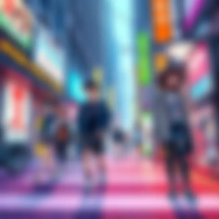 A vibrant street scene featuring people in anime-themed clothing and accessories, showcasing the influence of anime on fashion and social interactions.