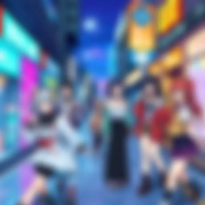 A group of people wearing anime-inspired outfits in a vibrant street setting, showcasing the blend of fictional and real-life culture.