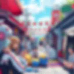 A colorful gathering of people in anime costumes enjoying creative activities outdoors, celebrating anime culture.