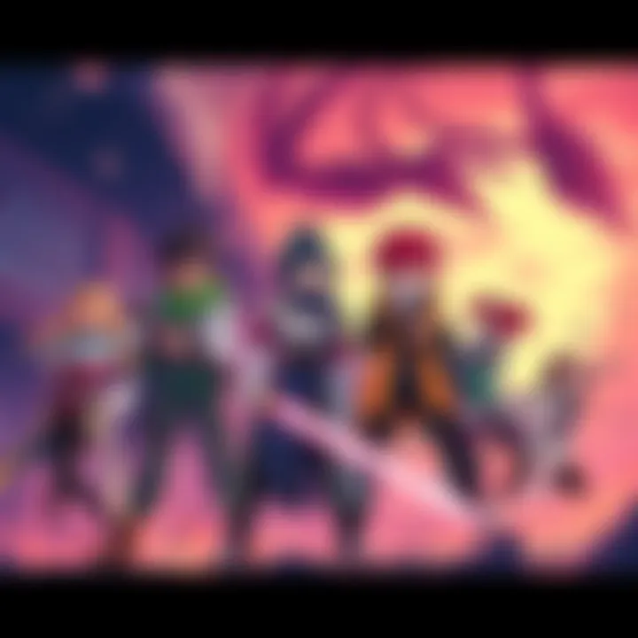 A group of anime heroes training and preparing for battle against monsters, showcasing teamwork and adventure in a fantasy setting