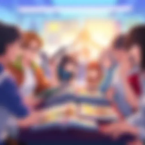 A colorful scene of fans sharing their favorite anime and manga characters around a table, with books and illustrations spread out, showing excitement and engagement.
