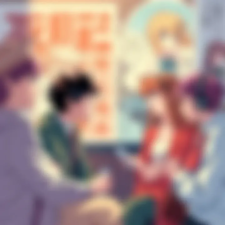 Fans discussing the differences between anime and manga adaptations with character images in the background.