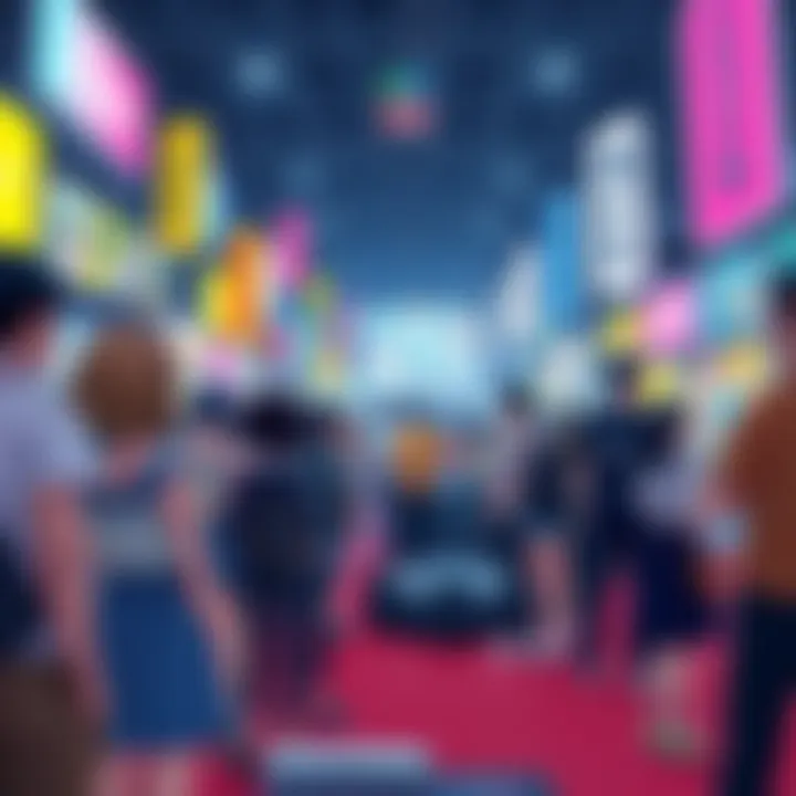 A vibrant scene showing a variety of popular anime and manga characters from 2025, with fans engaging with the content at a convention