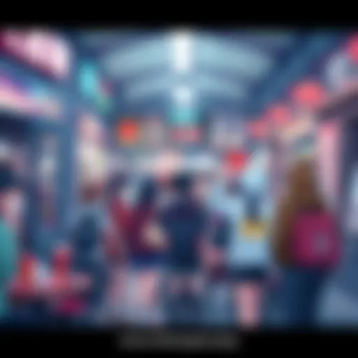 A vibrant scene showing fans in anime-themed clothing at a local cafe, surrounded by anime art and merchandise, blending anime culture with real-life settings.