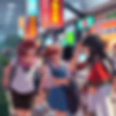 A lively scene showing fans dressed as their favorite anime characters at a local event, blending anime culture with everyday life.