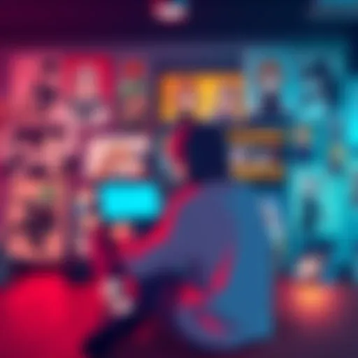 A person sitting with a laptop open, surrounded by anime posters, searching for short anime series recommendations on forums.