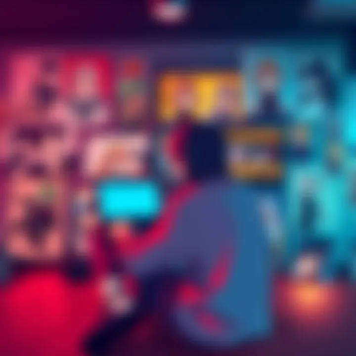 A person sitting with a laptop open, surrounded by anime posters, searching for short anime series recommendations on forums.