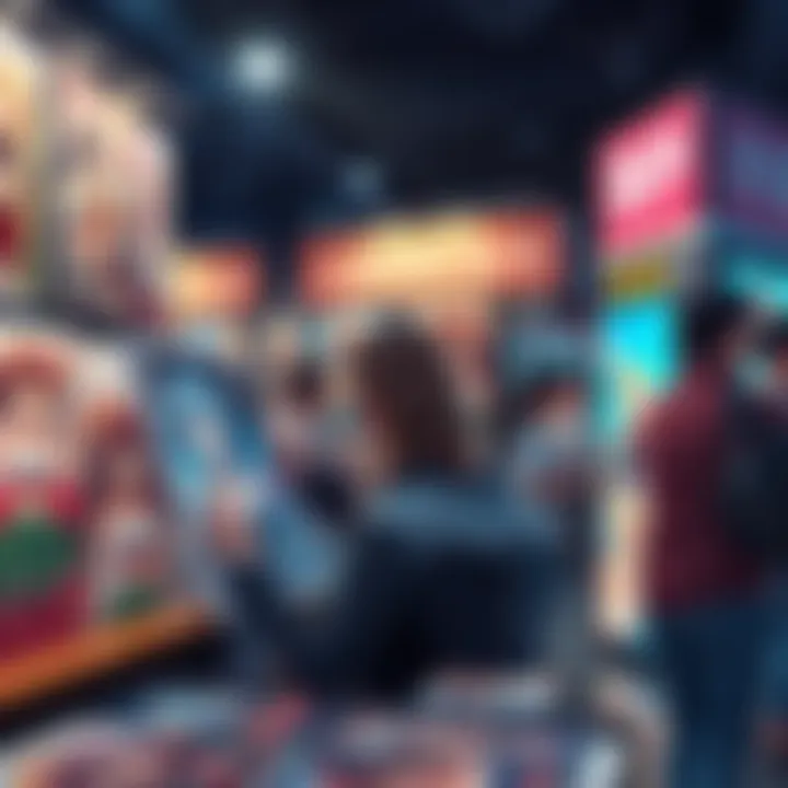 Low-quality anime prints showing dark images on thin paper at a vendor's booth at Anime Expo