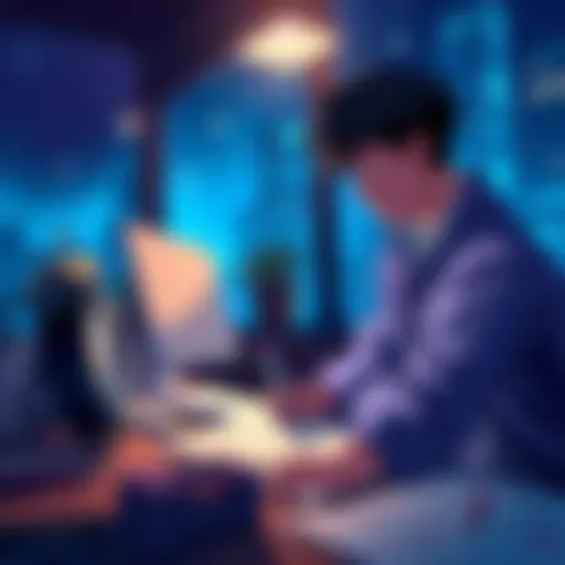Anime Production Challenges A scene highlighting the struggle between strict deadlines and quality in anime, showing an artist working late at night with sketches and a clock nearby.