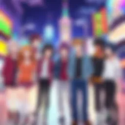 A group of diverse anime characters featuring queer elements, standing together in a vibrant cityscape, smiling and enjoying each other's company.