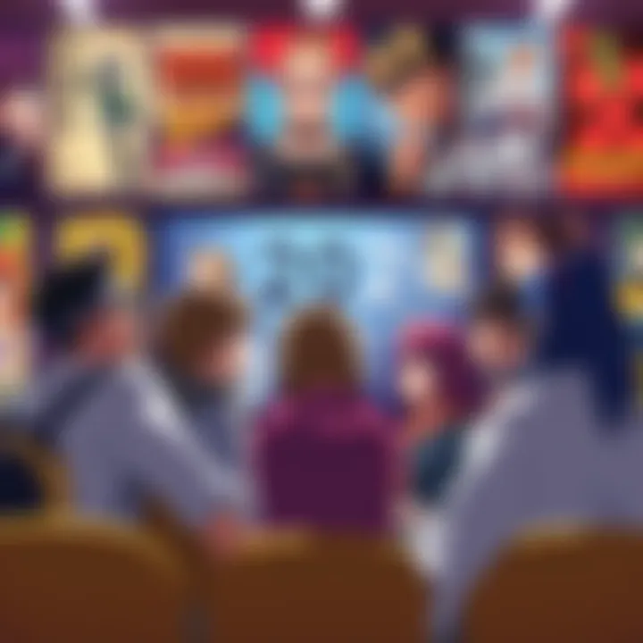 A group of anime fans discussing their favorite shows, expressing mixed feelings about ratings, with various anime posters in the background.