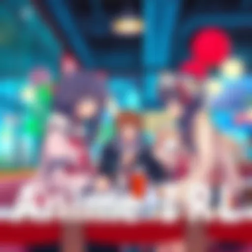 A fan dressed as an anime character interacts with friends at a cafe, showcasing the blend of anime culture and everyday life.